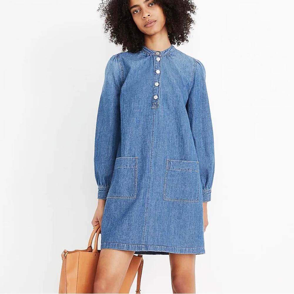 Madewell Medium Wash Denim Patch Pocket Popover Dress Size Small